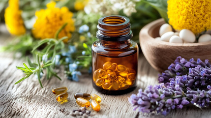 Amber bottle with softgel capsules surrounded by herbs, flowers, and natural remedies. Herbal medicine and wellness concept on rustic wooden background.
