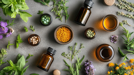 Flat lay of herbal medicine ingredients: amber glass bottles, dried flowers, green leaves, and colorful pills. Natural healing, aromatherapy, and holistic wellness concept.