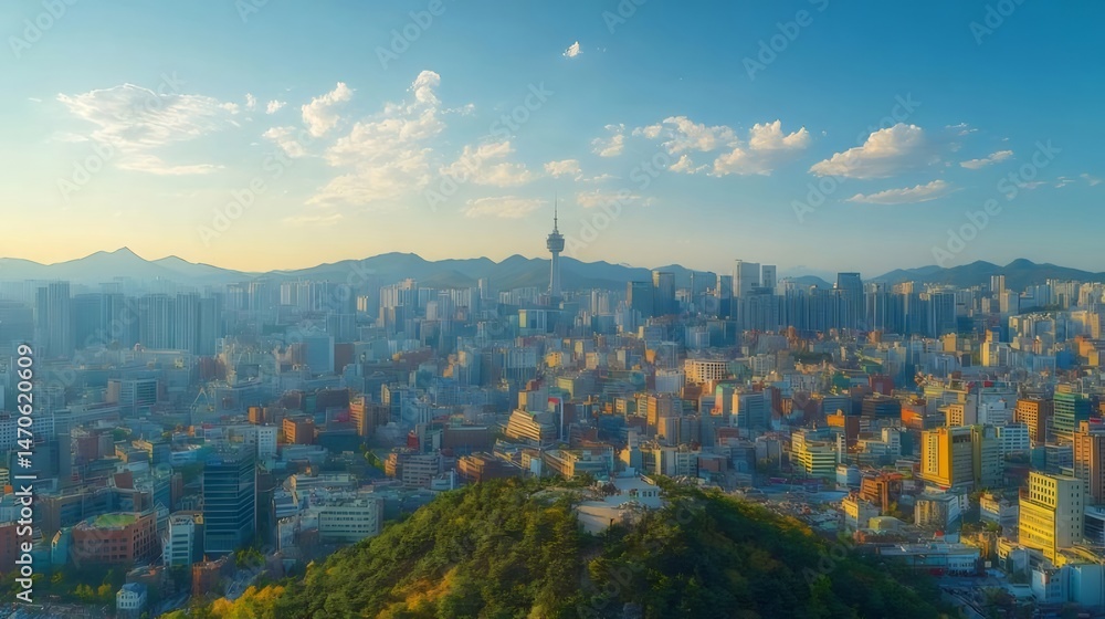 Poster ソウル 韓国の都市景観 パノラマのスカイラインと山々 鮮やかな空と雲のある美しい都市風景