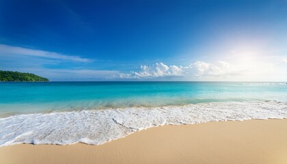 Fototapeta premium tropical beach with blue sky and sea for summer vacation panoramic beach background summer holiday with beautiful nature sand sunlight and ocean water