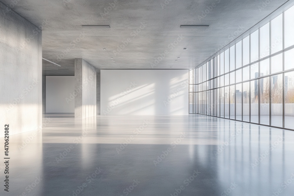 Poster modern minimalist interior showcasing natural light filtering through large windows in a spacious ga