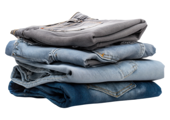stack of folded denim pants going from dark blue to light blue to faded gray isolated on png transparent background