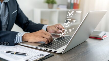 Businessman check and check mark online ,Business Agreements and Approvals ,Confirmation of contract documents or warranty card ,procedure company articles of association Terms and Conditions 