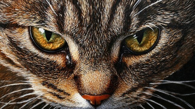 Closeup portrait of a tabby cat with intense golden eyes detailed fur texture pet art oil gaze wild