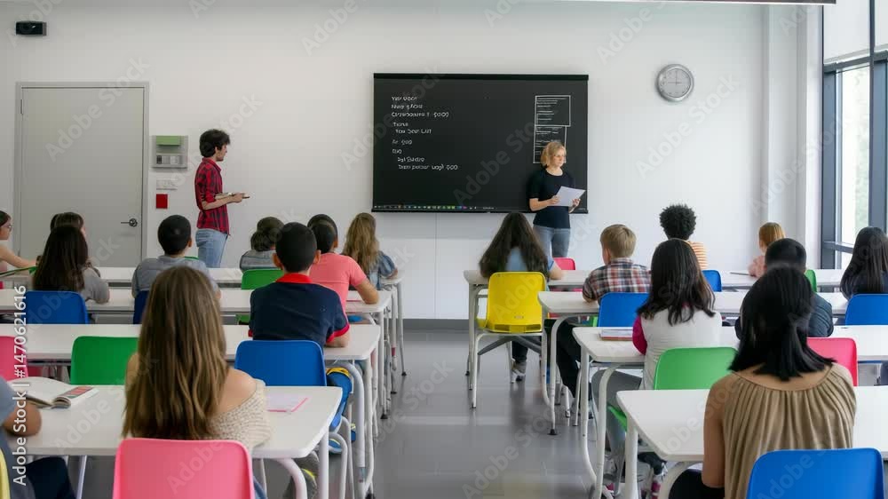 Poster in bright classroom, students sit at colorful desks while instructor teaches near large display. ano