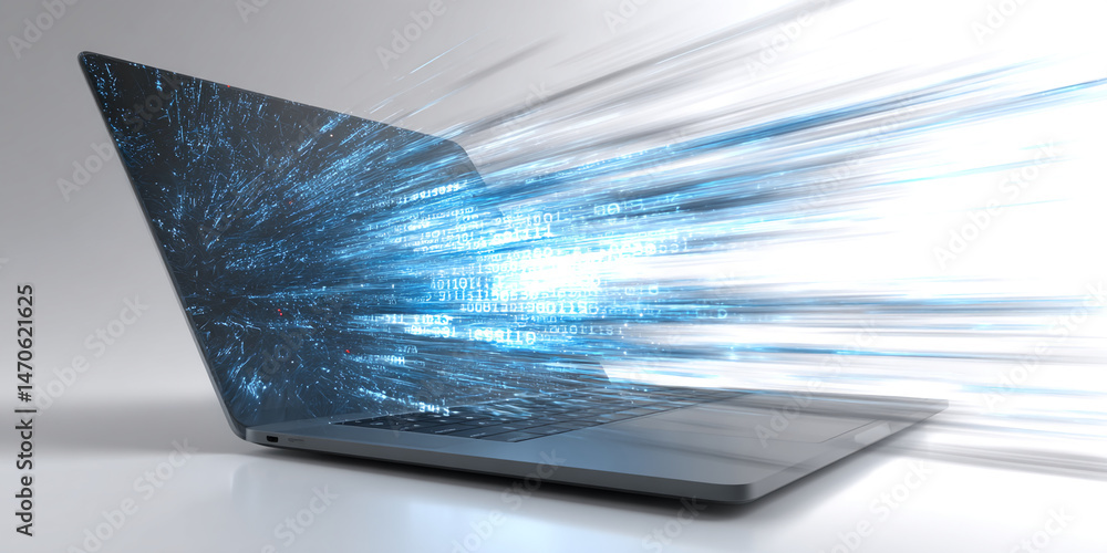 Poster laptop screen displaying blue digital data stream, symbolizing fast processing speed and digital flo