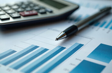 Obraz premium Financial analysis illustration with business bar graph, calculator pen. Data analysis, calculation, financial planning, auditing, corporate strategy. Economic market research, investment for