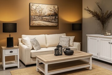 Cozy living room with a neutral color palette.  A cream sofa, wooden coffee table, and side table are featured in the room.  A framed artwork and elegant lamps complete the setting