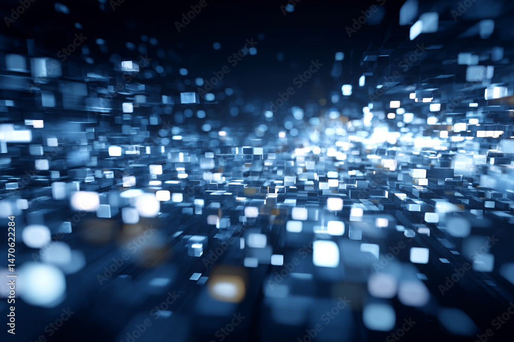 Poster abstract image of glowing blue cubes, creating a dynamic and futuristic feel, symbolizing technology