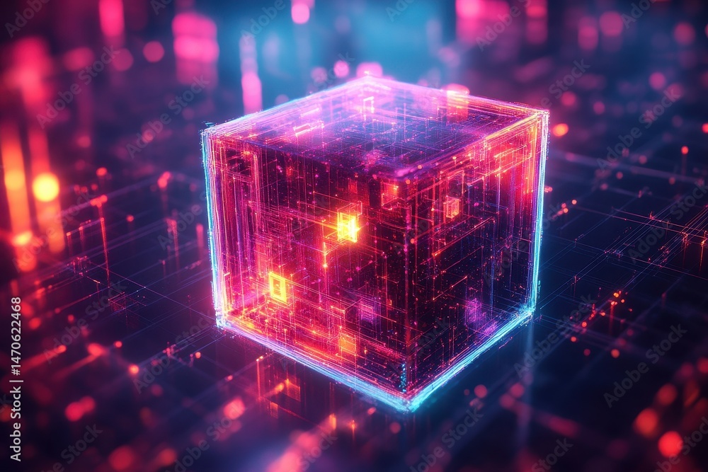Poster colorful digital cube representing data and technology in a futuristic virtual environment with glow