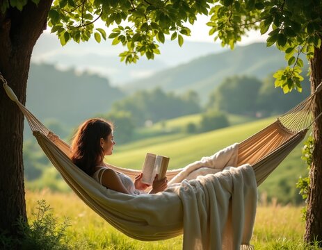 Young woman relaxes in hammock reading book on peaceful Sunday afternoon in countryside. Enjoying tranquil vacation, sunny day, enjoying leisure. Calmness, escapism, summer, plants, serene scenery.