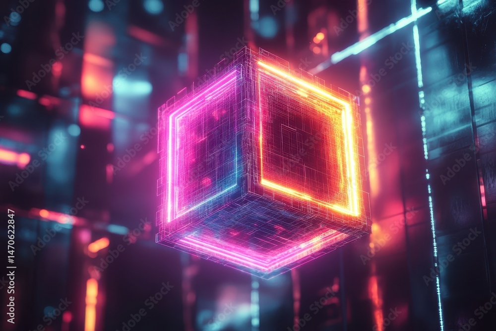 Poster colorful digital cube representing data and technology in a futuristic virtual environment with glow