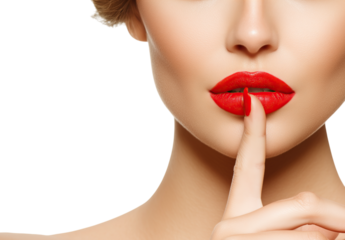Close up of woman with bright red lips and matching nail polish holding finger to lips in shhh gesture isolated on png transparent background