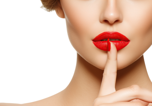 Close up of woman with bright red lips and matching nail polish holding finger to lips in shhh gesture isolated on png transparent background