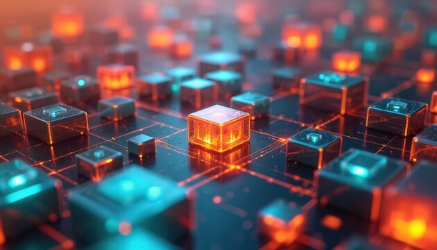 Futuristic digital cubes interconnected technology network concept. Neon glowing blocks, lines illustrate cyberspace, metaverse, modern digital world. Cyber, web, tech, AI, blockchain, future vision.
