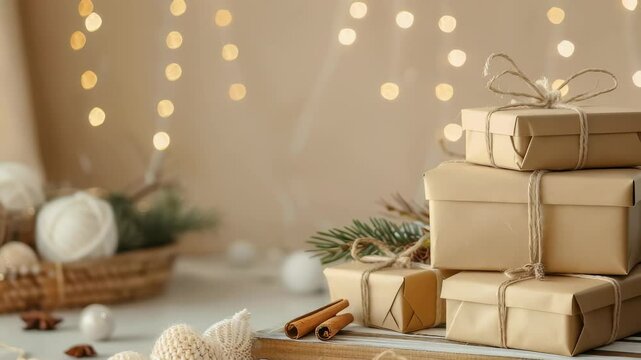 A festive display includes stacked brown paper gifts tied with twine, cinnamon sticks, pine needles, and decorative yarn balls, evoking a cozy and warm holiday ambiance. Festive lights in background.