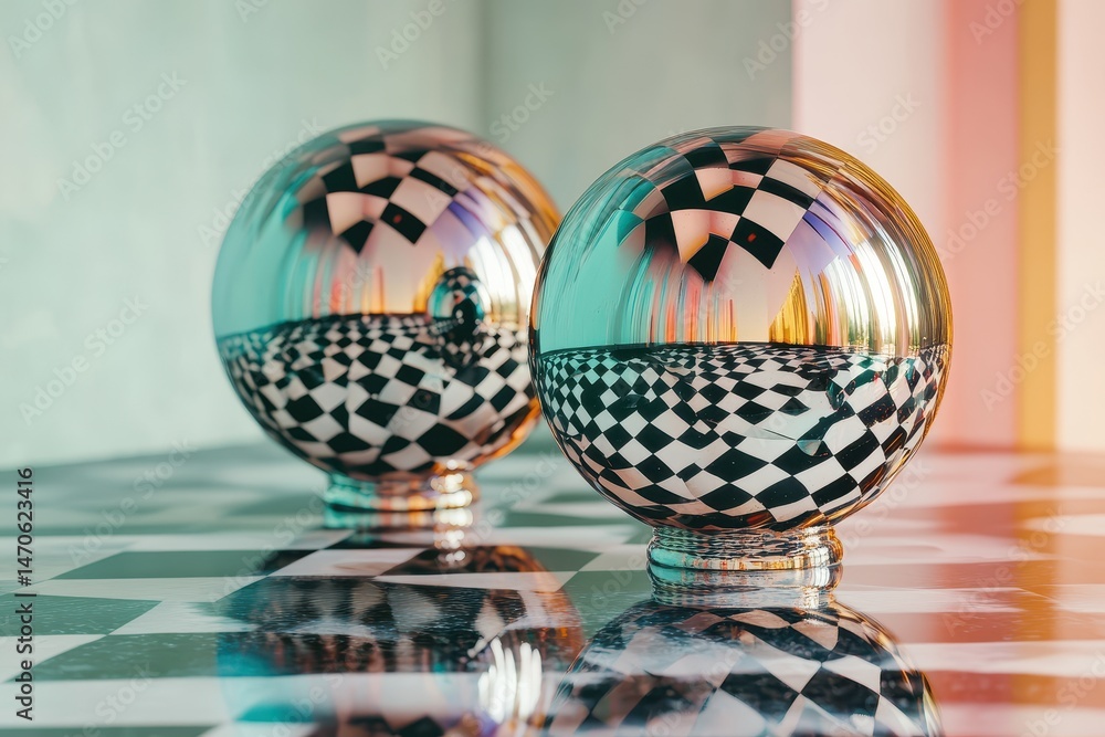 Poster checkered surface and glass spheres create a captivating visual effect with reflections in a minimal