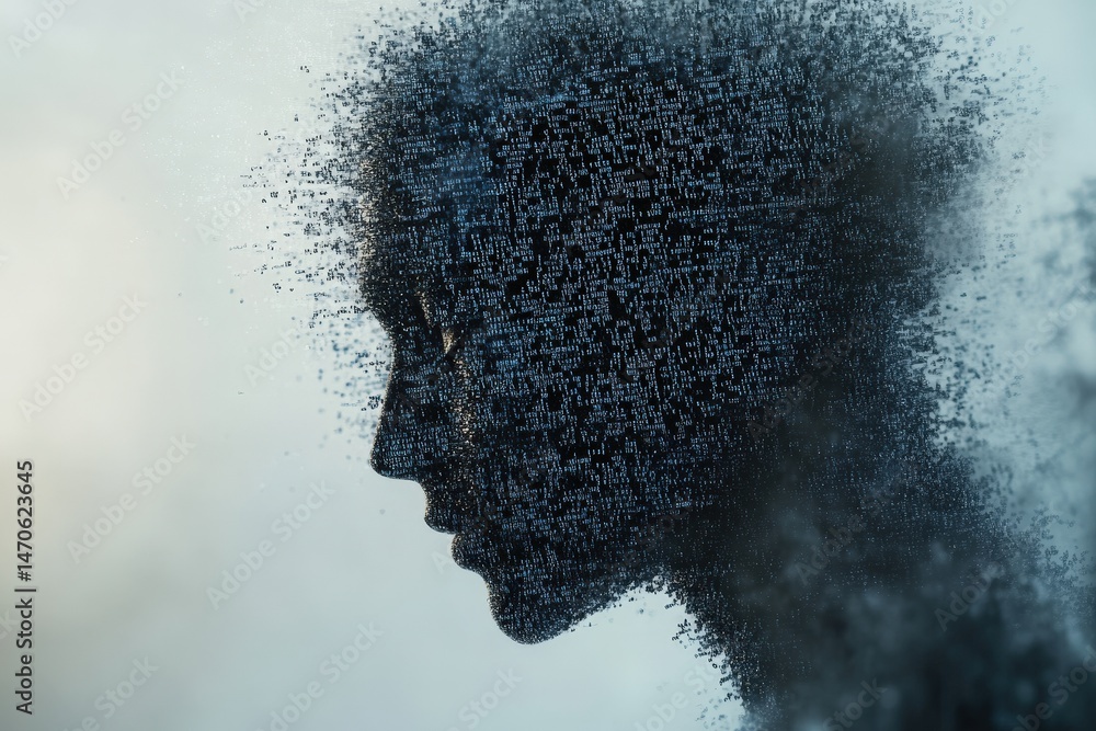 Poster digital art representation of a human face composed of glowing binary code in a dark environment sho
