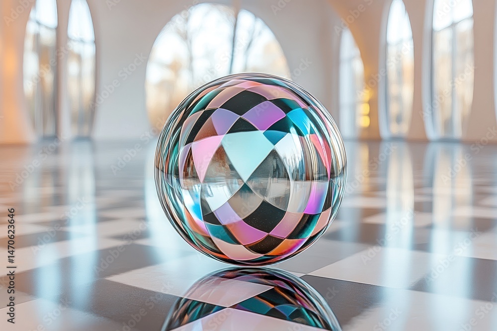 Poster checkered surface and glass spheres create a captivating visual effect with reflections in a minimal