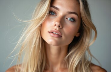 Naklejka premium Portrait blonde woman with long flowing hair. Blue eyes natural skin make-up. Beautiful attractive female model with clean skin. Beauty, skincare, wellness concept.
