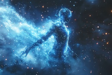 Obraz premium Digital art representation of a human face composed of glowing binary code in a dark environment showcasing a blend of technology and humanity