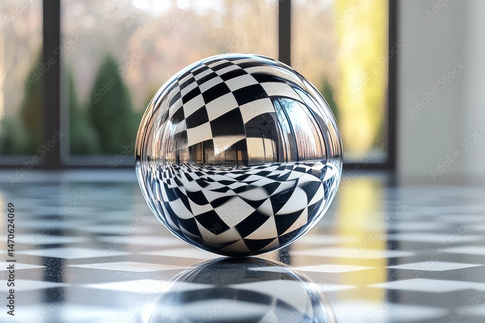 Poster checkered surface and glass spheres create a captivating visual effect with reflections in a minimal