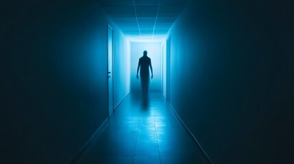 Shadowy figure standing at the end of a long dark corridor