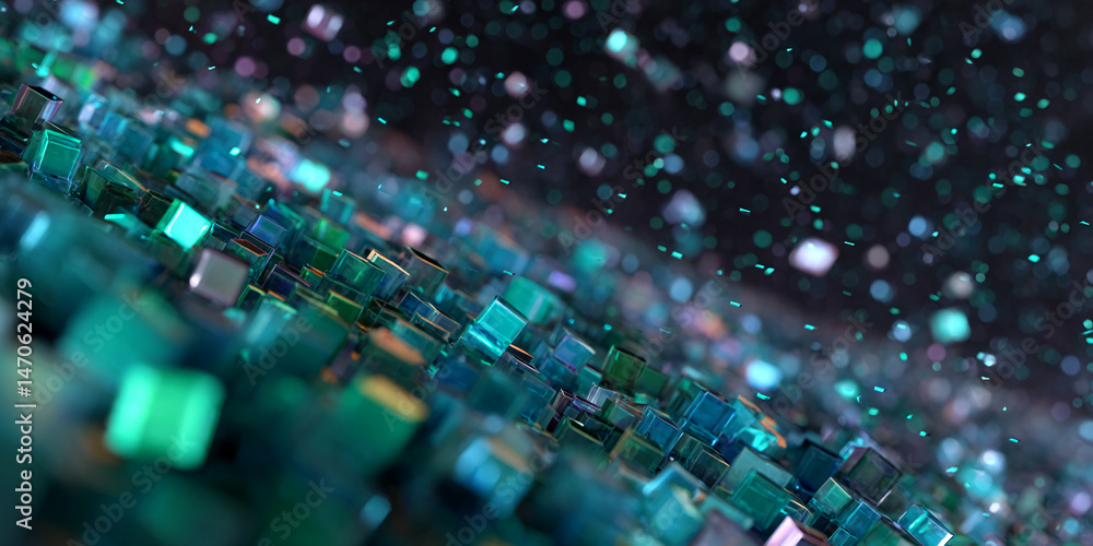Poster abstract image of teal cubes and sparkling particles, creating a dynamic and technological feel, sho