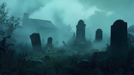 Foggy graveyard with old tombstones and low-hanging mist