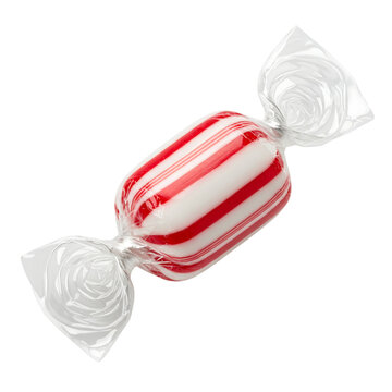 Wrapped peppermint candy with red stripes on a clear wrap transparent background
