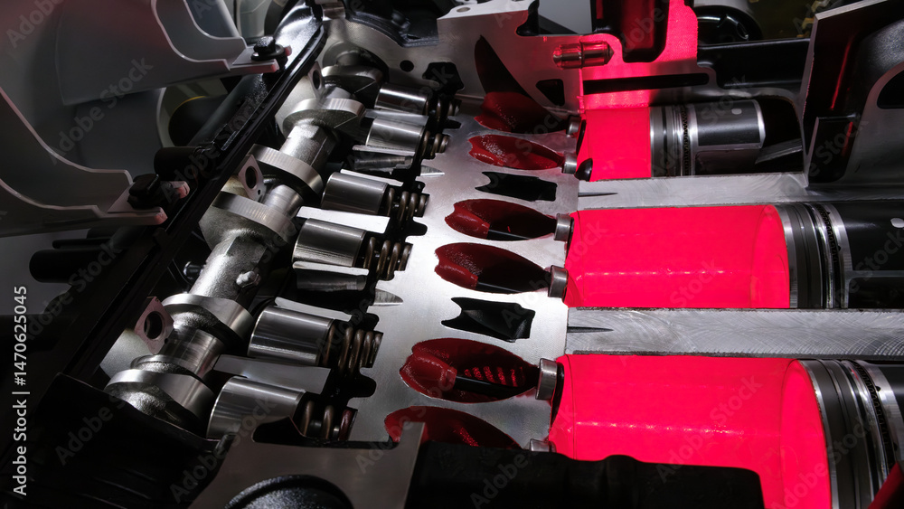 Poster A close up of a car engine with the pistons and valves clearly visible. engine is in the process of being built, and the red lighting emphasizes intricate details of engine