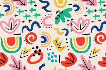 Colorful abstract doodle shapes vector illustration, abstract doodle rainbow pattern, leaf, flower and seashells illustration