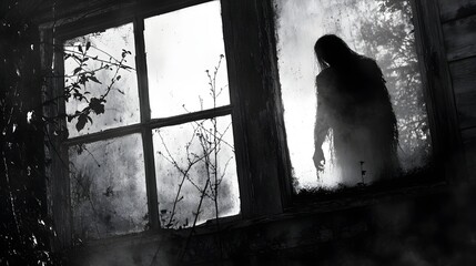 Ghostly figure seen through a window of an abandoned house