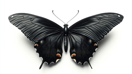 A striking black butterfly with orange accents