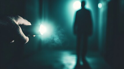 Close-up of a hand holding a flashlight with a shadowy figure in the background