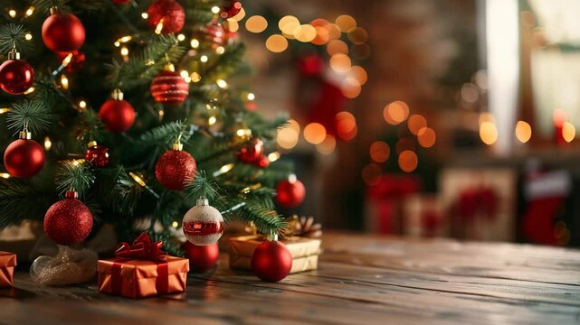 Cozy holiday scene featuring decorated Christmas tree adorned red ornaments , warm string lights. Gifts are placed beneath tree, rustic wooden table foreground, creating festive atmosphere.