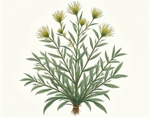 Fototapeta premium Artemisia Absinthium botanical illustration. Wormwood drawing on white background. Medicative plant with green leaves, yellow flowers. Vintage design for herb, medicine, pharmacy. Floral spring