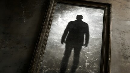 Shadowy figure appearing faintly in the reflection of an old mirror