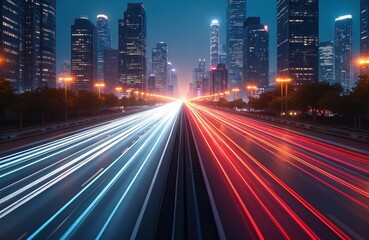 Obraz premium Digital smart city night scene with high-speed light trails. Futuristic cityscape with car trails, data transfer concept. Dynamic movement, technology, modern business, innovation.