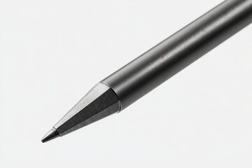 Close-up of a sleek, dark gray pen. Minimalist design, sharp point.