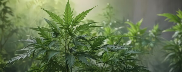Close-up of vibrant green cannabis leaves against a blurred background ,  royalty free,  commercial use