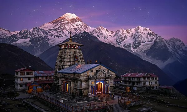 Illuminated Temple On Mountain Slope Under Twilight Sky in Himalayas