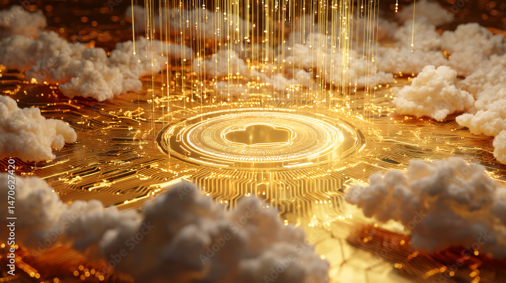 Poster golden circuit board with clouds, illuminated lines and glowing center, symbolizing digital technolo
