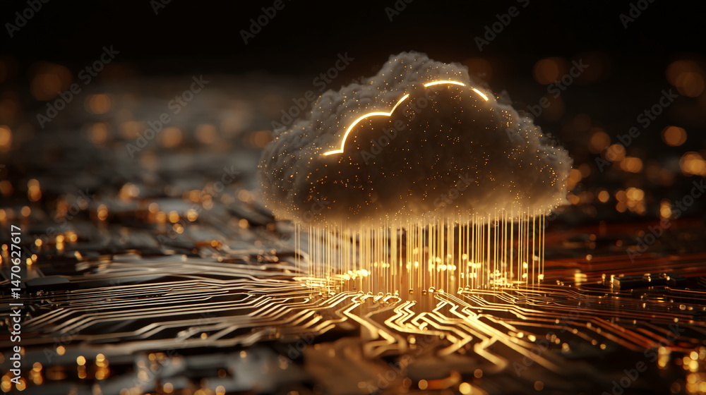 Poster glowing cloud symbol over circuit board, representing cloud computing, data storage, digital technol