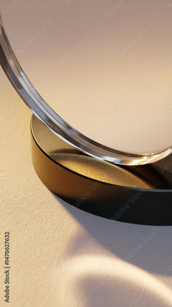 Poster curved glass element on a dark circular base, rests on beige textured surface, showcasing a minimali