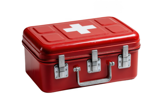 Bright red first aid kit stands out against a transparent background, showcasing its iconic design with a white cross