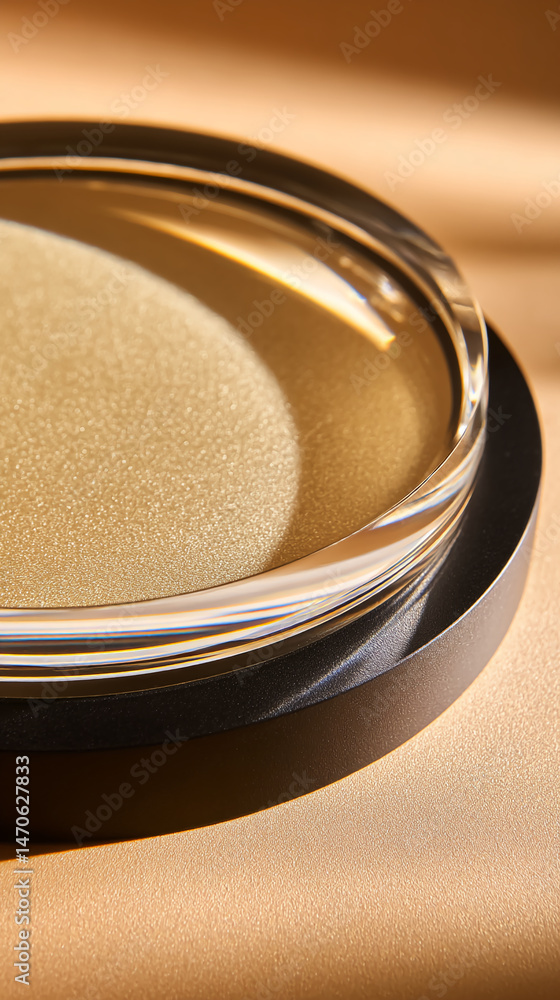 Poster close-up of a textured, beige surface displayed on a black and glass circular pedestal, showcasing a