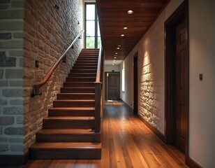 Fototapeta premium Interior hallway featuring wooden staircase stone-clad wall and modern entrance door. Cozy home ambiance wooden staircase leads to the upper levels of the house. Rustic design home.