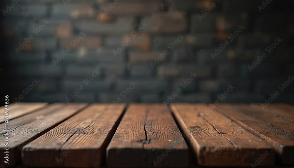 Poster close-up wooden table textured planks against dark out-of-focus brick wall background. vintage rusti