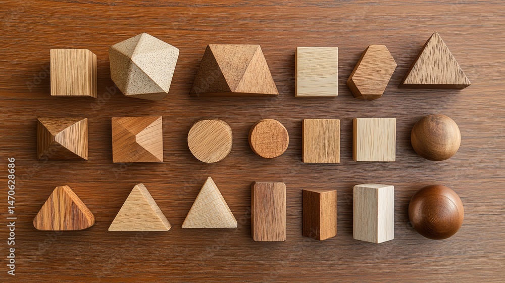 Poster wooden geometric shapes collection on brown surface background image 3d art set cube cone life forms